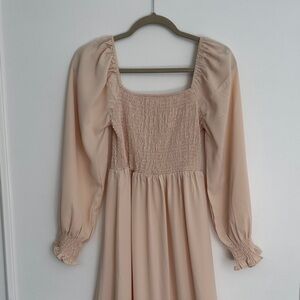 Women's Long Sleeve Smocked Bodice Midi Dress in Blush